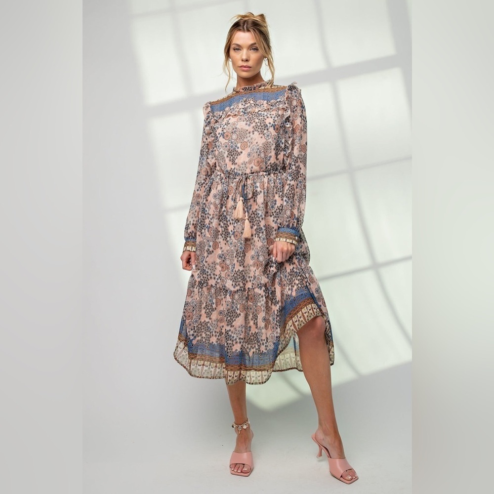 Easel Boho Printed Chiffon Midi Dress NWT